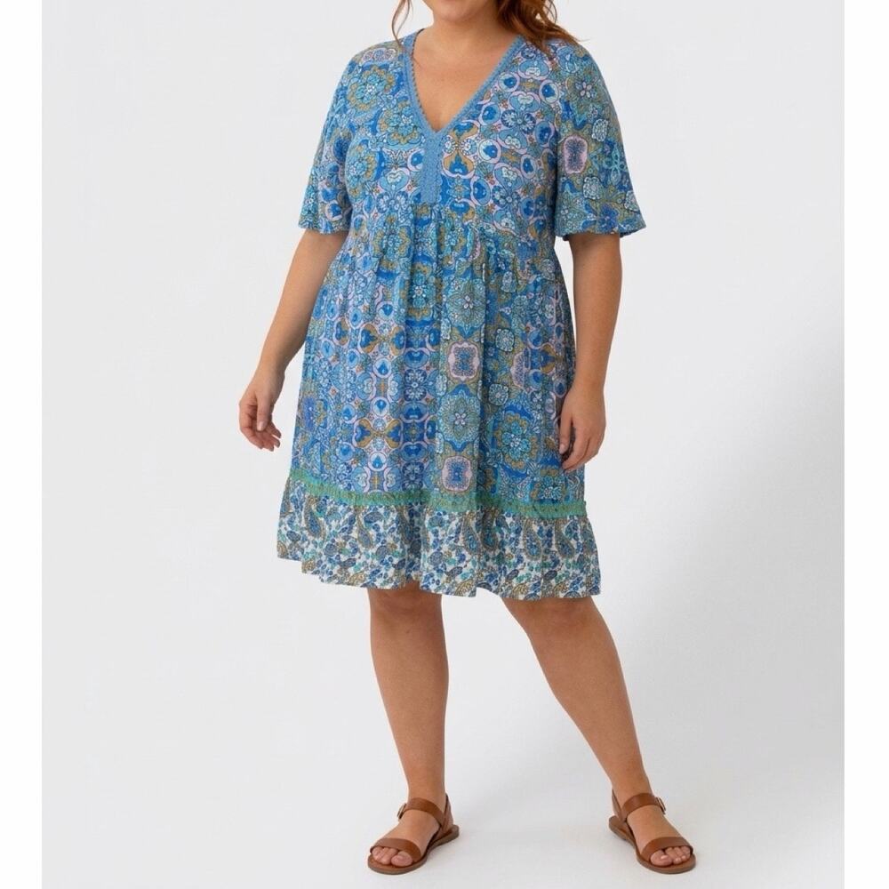 NWT Rusttydustty Boho Floral V-Neck Tier Midi Dress Blue Multi 1XL Crochet Trim